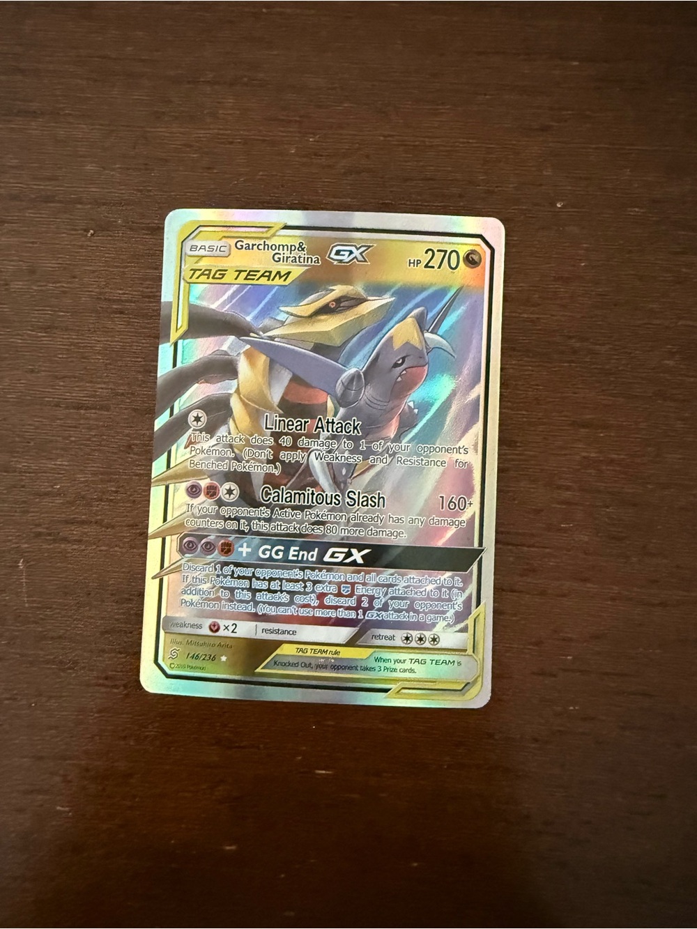 Pokémon Garchomp & Giratina GX Tag Team Holo Card - Gold Accents
